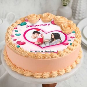 peach-rose-border-heart-shaped-anniversary-photo-cake