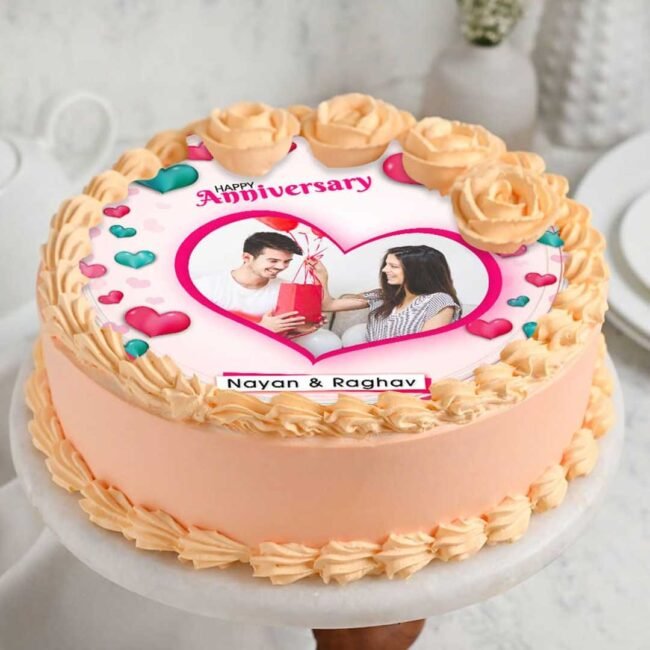 peach-rose-border-heart-shaped-anniversary-photo-cake