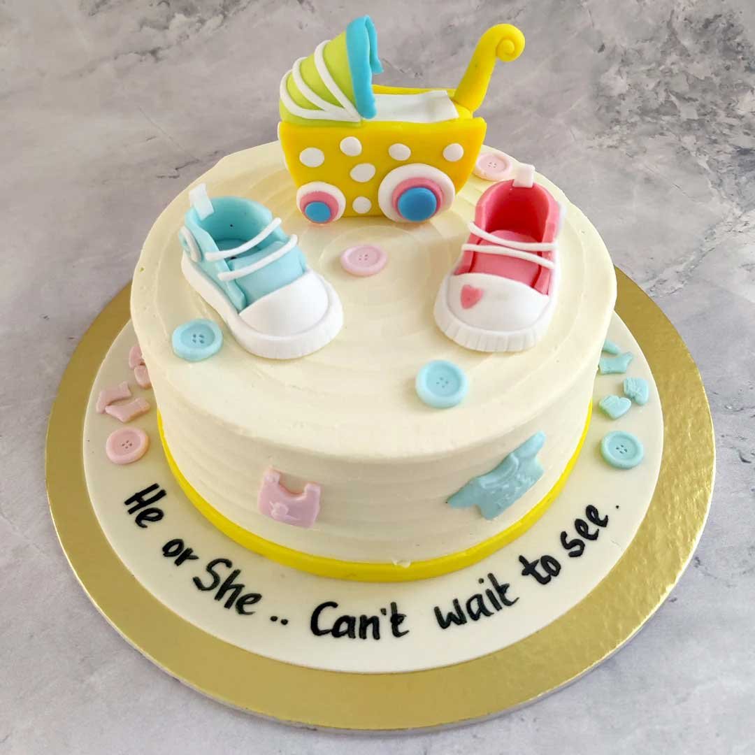 He Or She Baby Shower Cake With Fondant Stroller