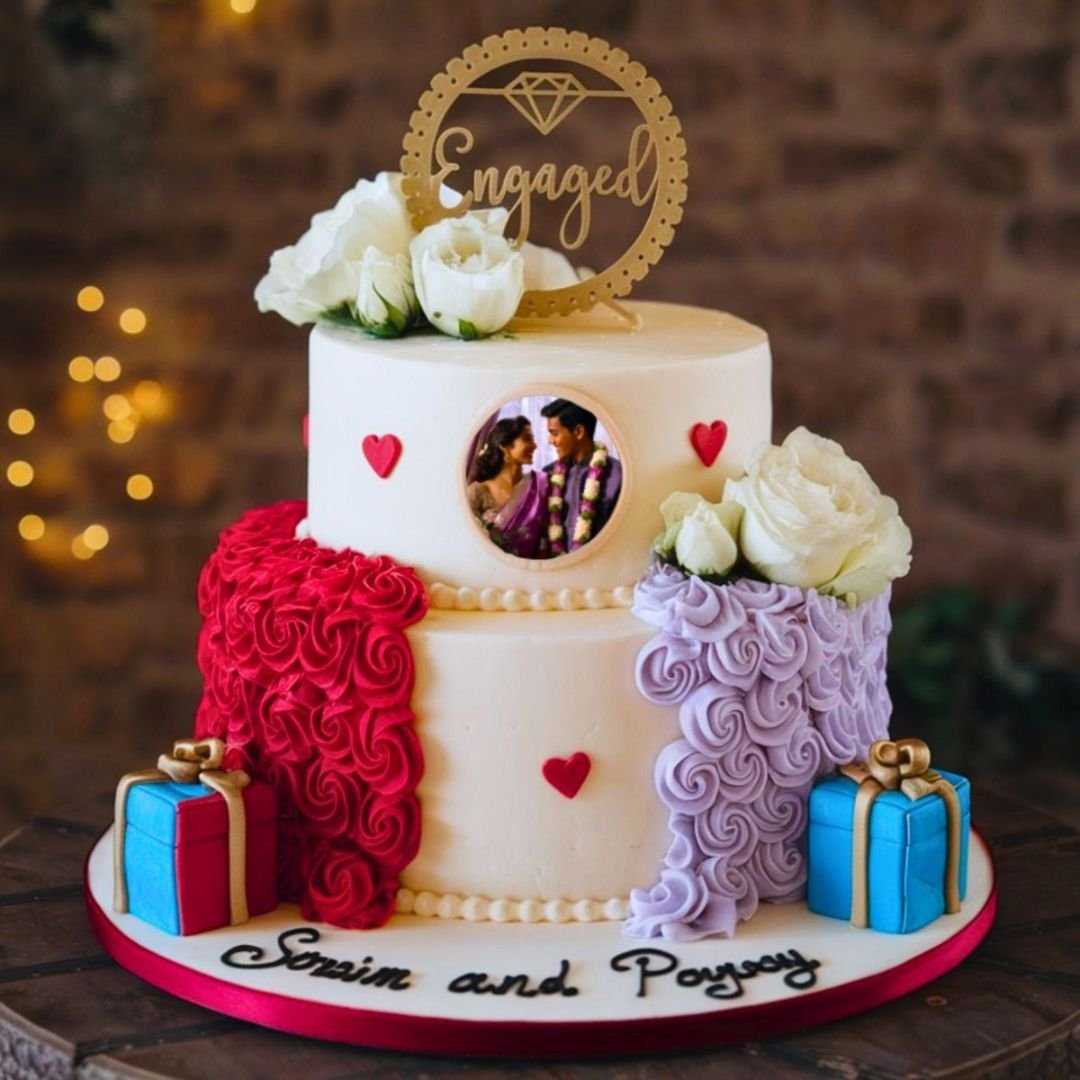 Tiered Floral Photo Engagement Cake