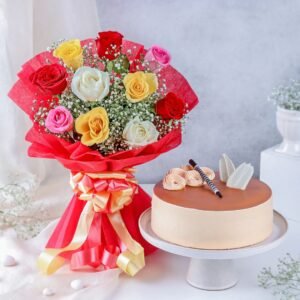 vibrant-mix-roses-bouquet-caramel-cake-combo