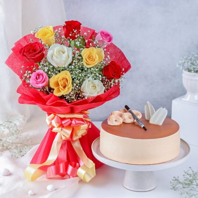 vibrant-mix-roses-bouquet-caramel-cake-combo